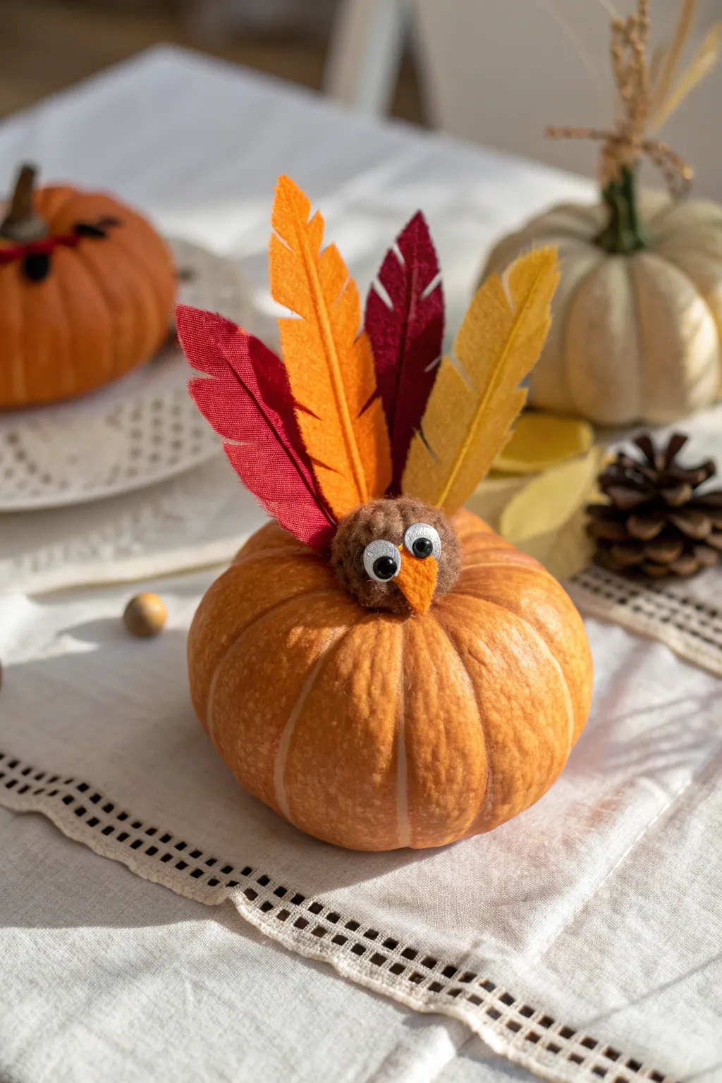 Embrace the charm of autumn with these adorable mini pumpkin turkeys, perfect for your minimalist Thanksgiving decor.