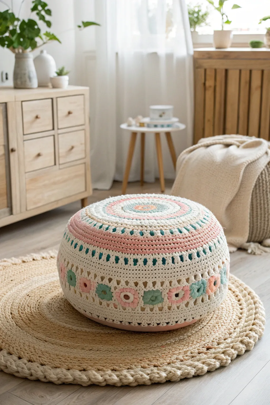 Add a touch of whimsy and comfort to your space with a beautifully crafted crochet pouf.