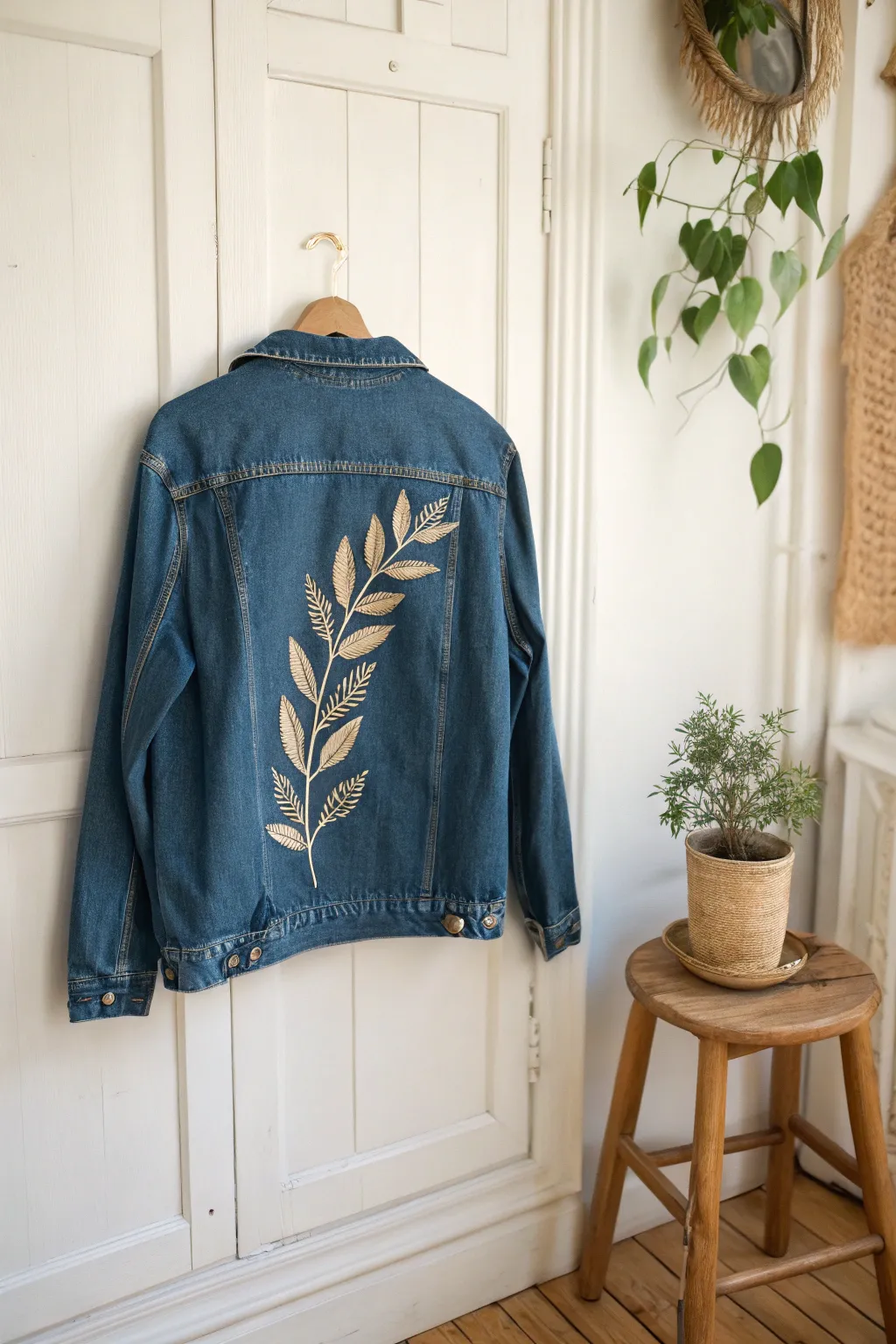Transform your denim with a modern leaf stencil design—where minimalism meets creativity!