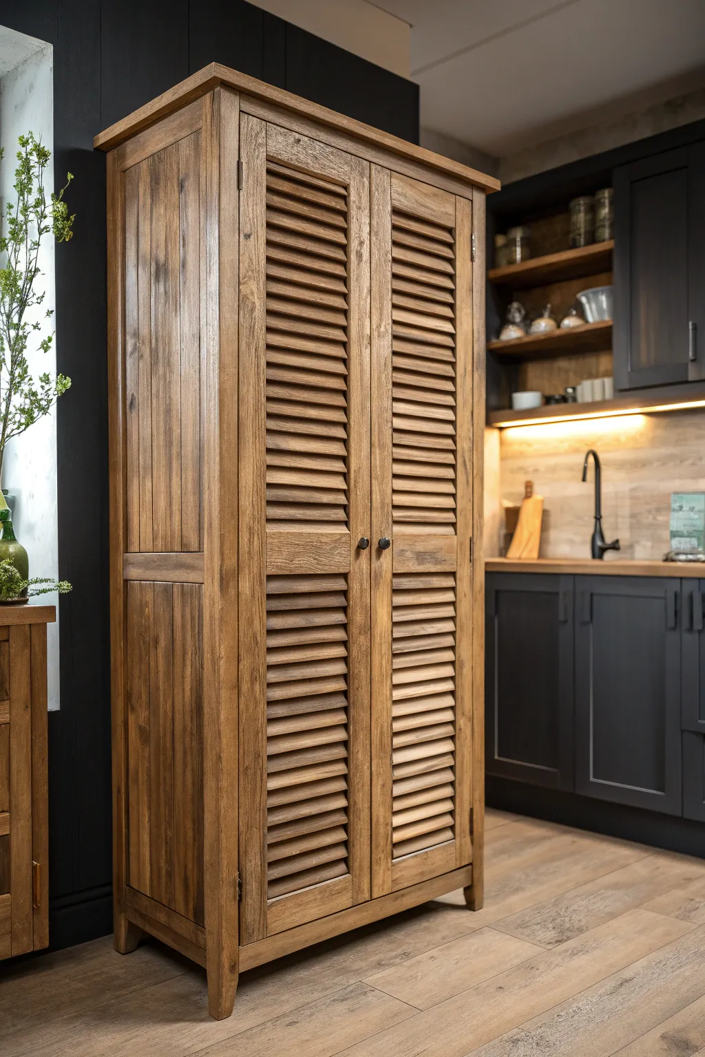 Transform your kitchen with the charm of upcycled louvered doors.