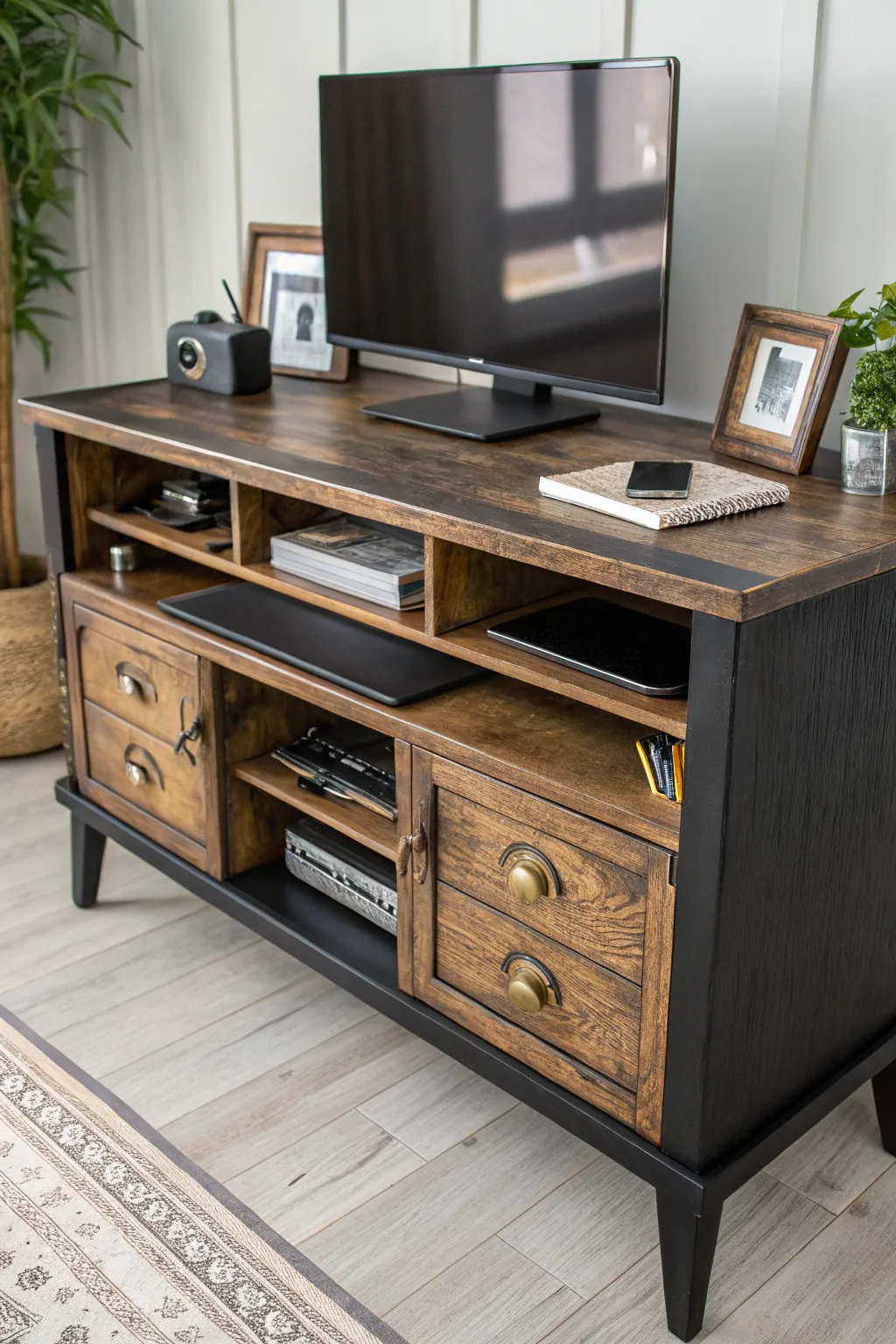 Transform your workspace with this uniquely upcycled TV cabinet desk—where vintage meets modern elegance.