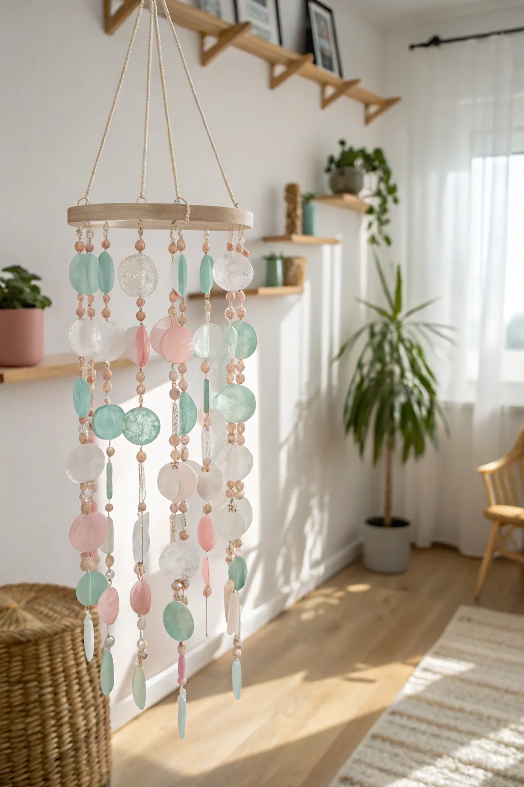 Transform plastic waste into artful elegance with this stunning upcycled bottle mobile. #SustainableStyle #ScandiBoho