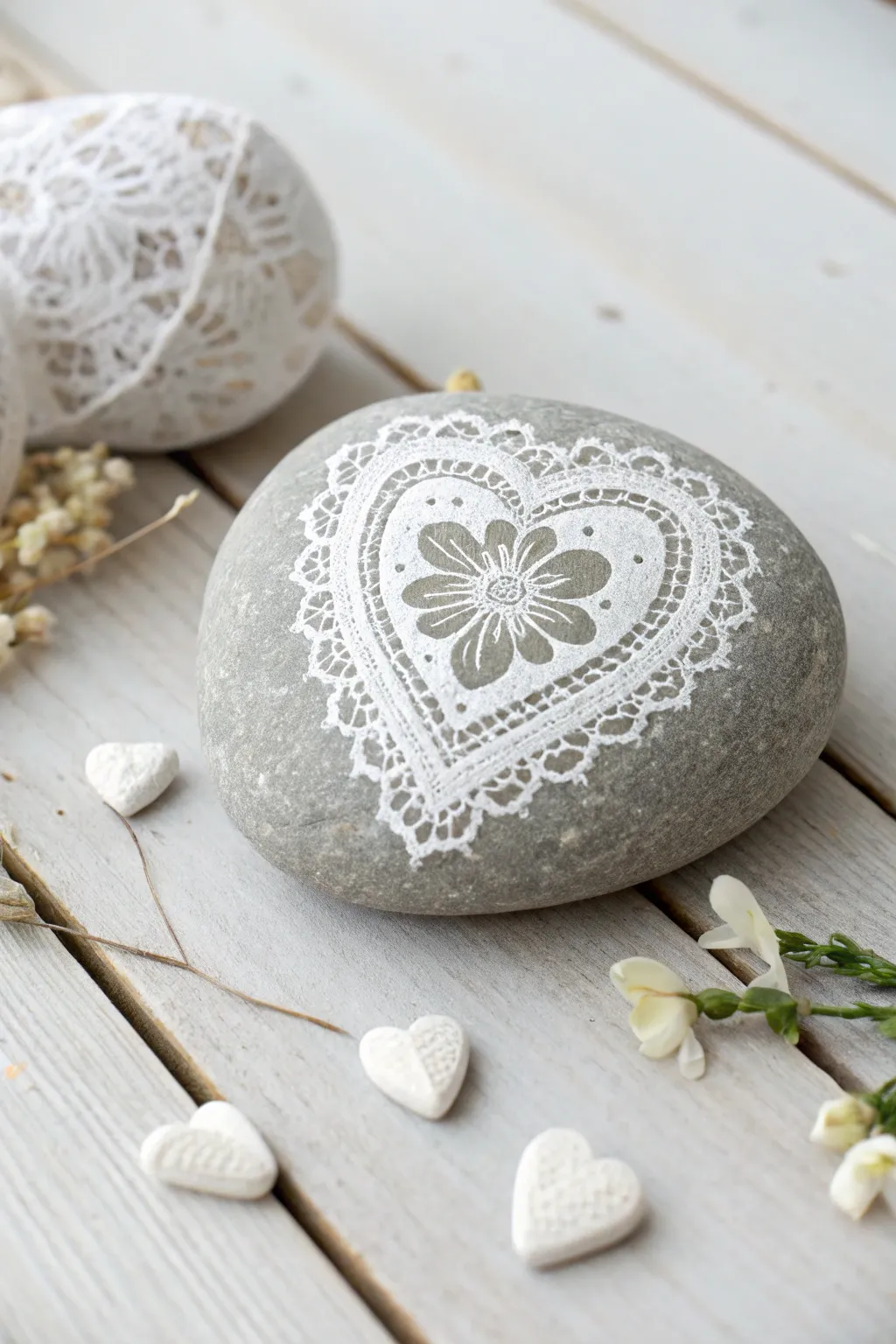 Add a touch of vintage elegance to your Valentine's decor with lace-inspired heart rock paintings.