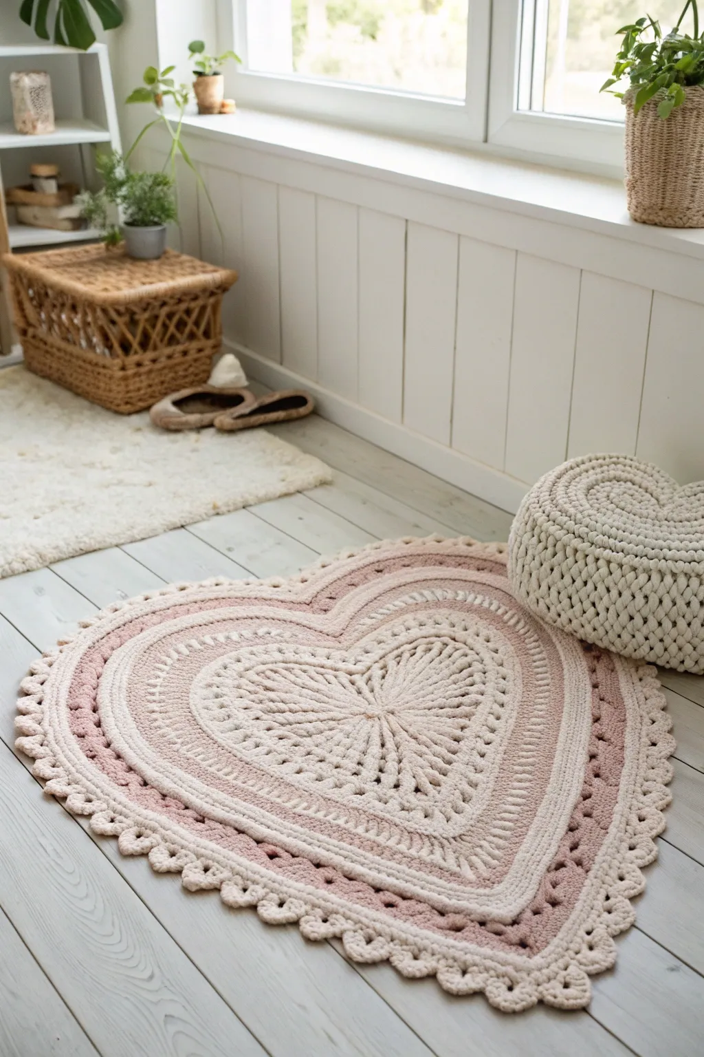 Step onto a cloud of love with this charming crochet heart rug, perfect for adding warmth and style to any room.