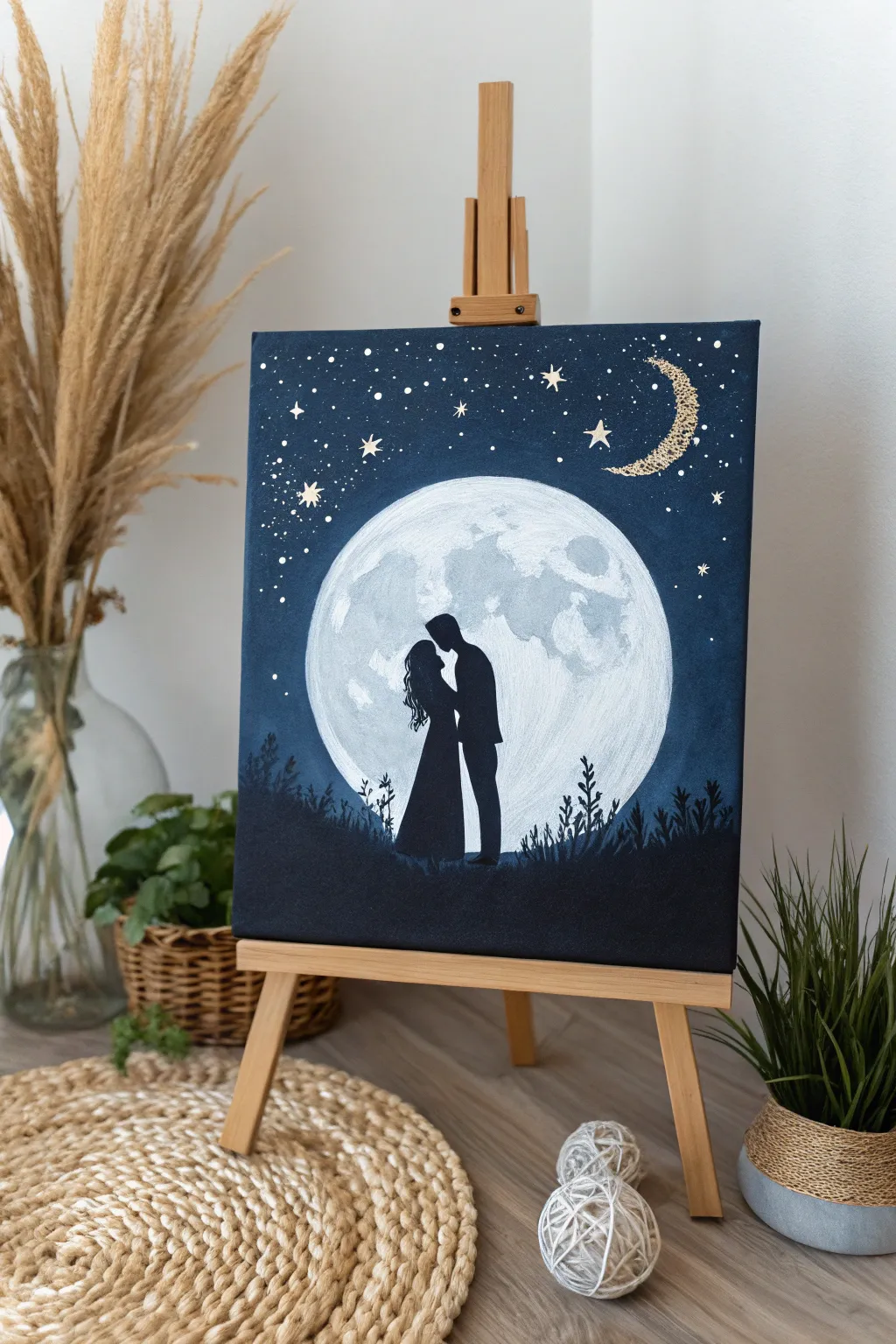 Embrace the mystical romance of a moonlit night with this enchanting canvas painting idea. Perfect for adding a touch of magic to your Valentine's Day decor.