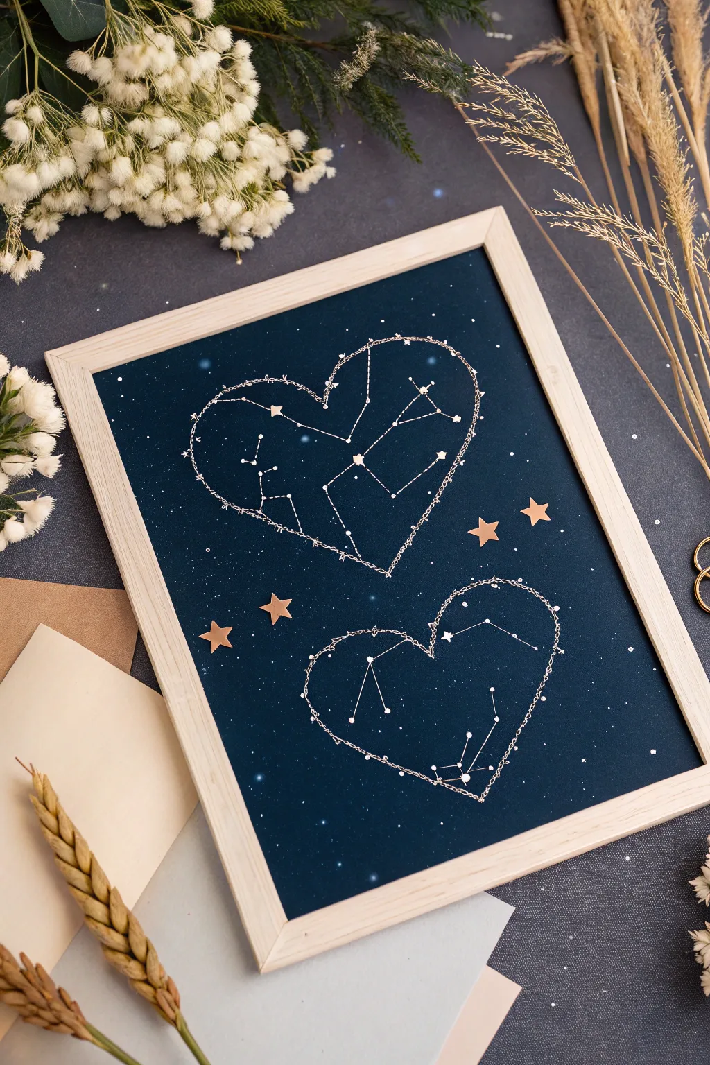 Craft your love story with heart-shaped constellations in the night sky.