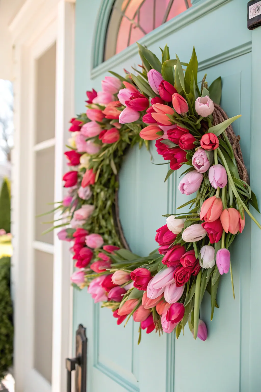 Tulips bring freshness and vibrancy to this Valentine's wreath.