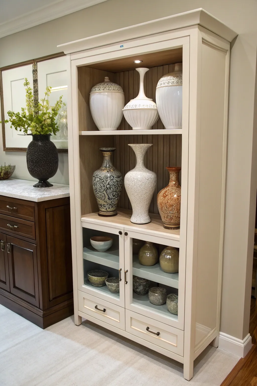 Custom cabinet inserts offer tailored storage for vase collections.