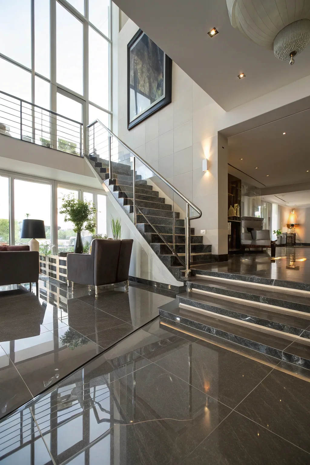 High-gloss vinyl adds a modern edge, making stairs a stunning focal point.