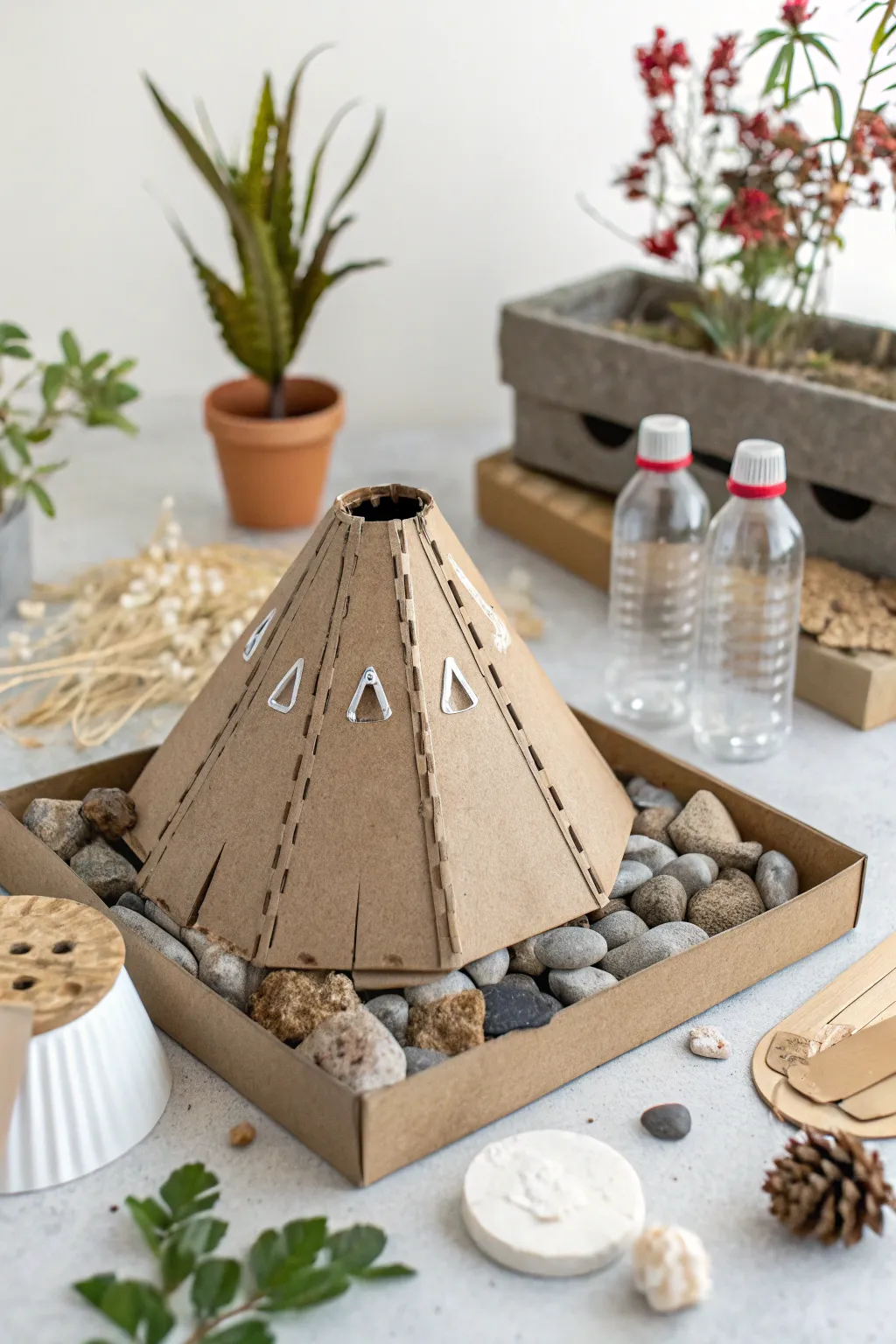 Craft your own eco-friendly volcano masterpiece with recycled materials, embracing minimalist beauty and sustainability.