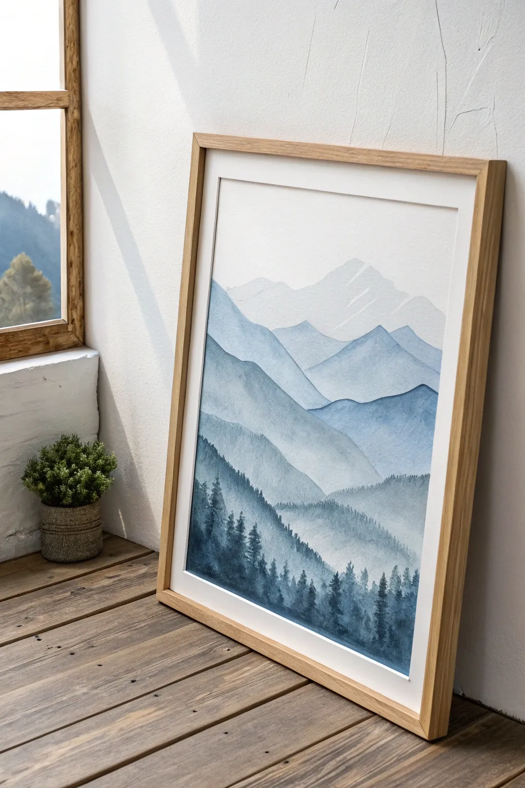 Embrace tranquility with this serene mountain range watercolor, where simplicity meets natural beauty.