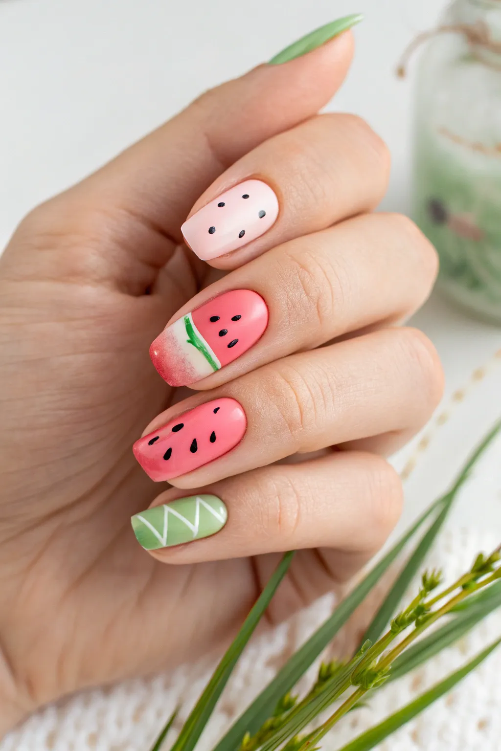 Embrace chic minimalism with a modern watermelon nail design that lets your natural beauty shine through.