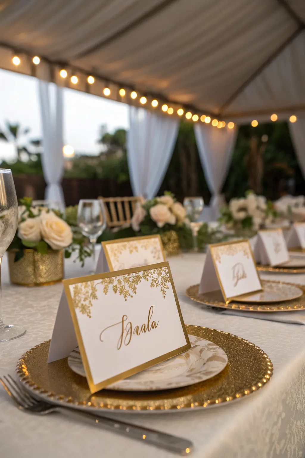 Metallic accents bring a luxurious glow to wedding name tags.