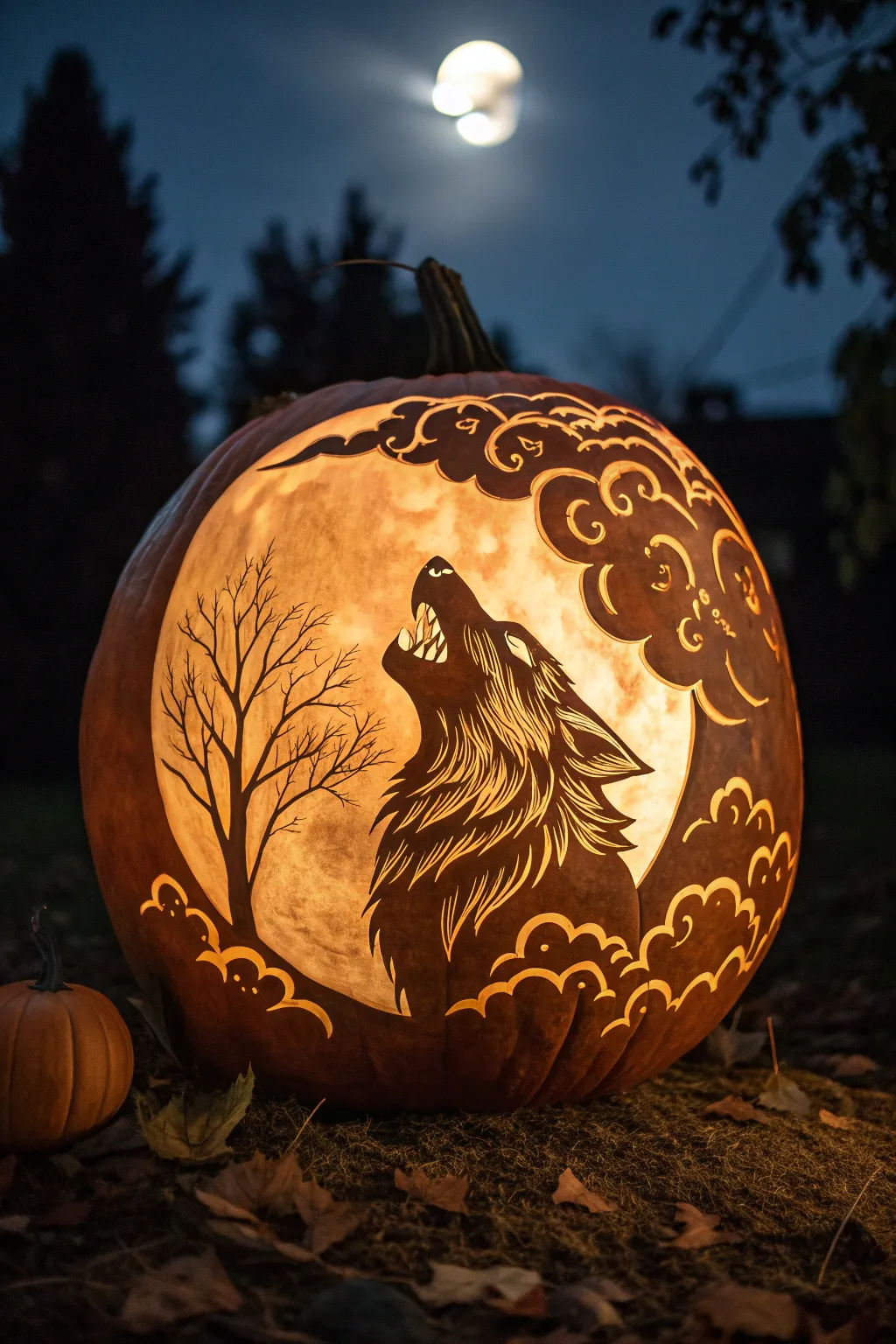 Unleash the beast: Masterful werewolf carving under the full moon.