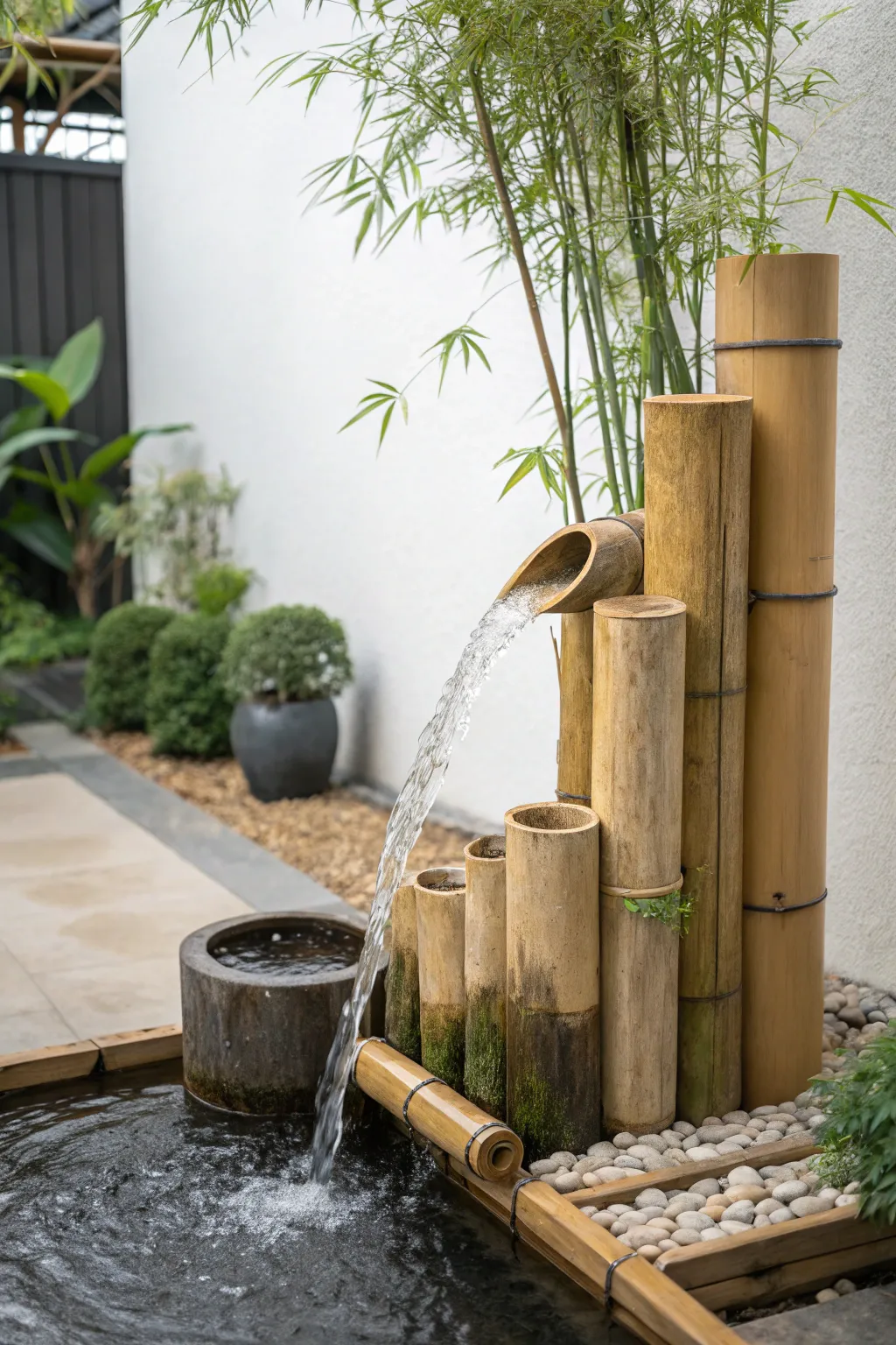 Embrace tranquility with a bamboo waterfall feature, where simplicity meets natural elegance.