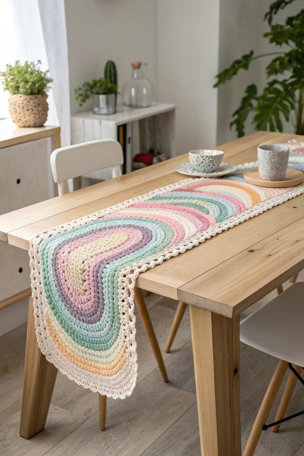 Add a touch of color and craftsmanship to your dining space with this stunning rainbow crochet table runner.
