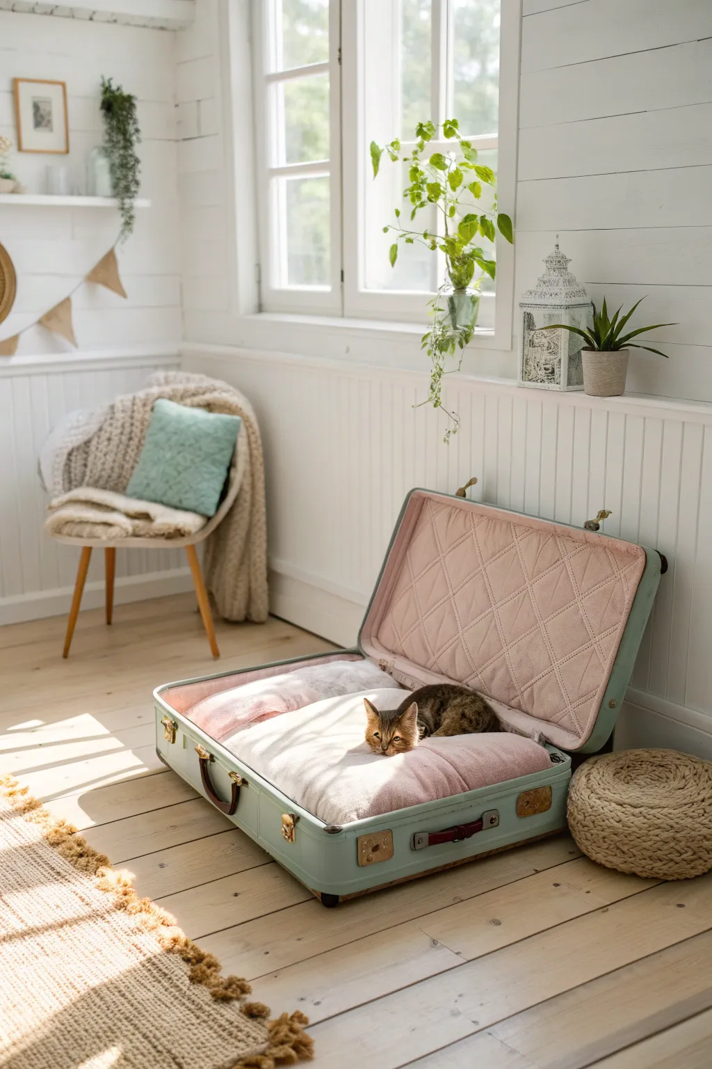 Transform your old suitcase into a charming pet bed and let your furry friend nap in style!