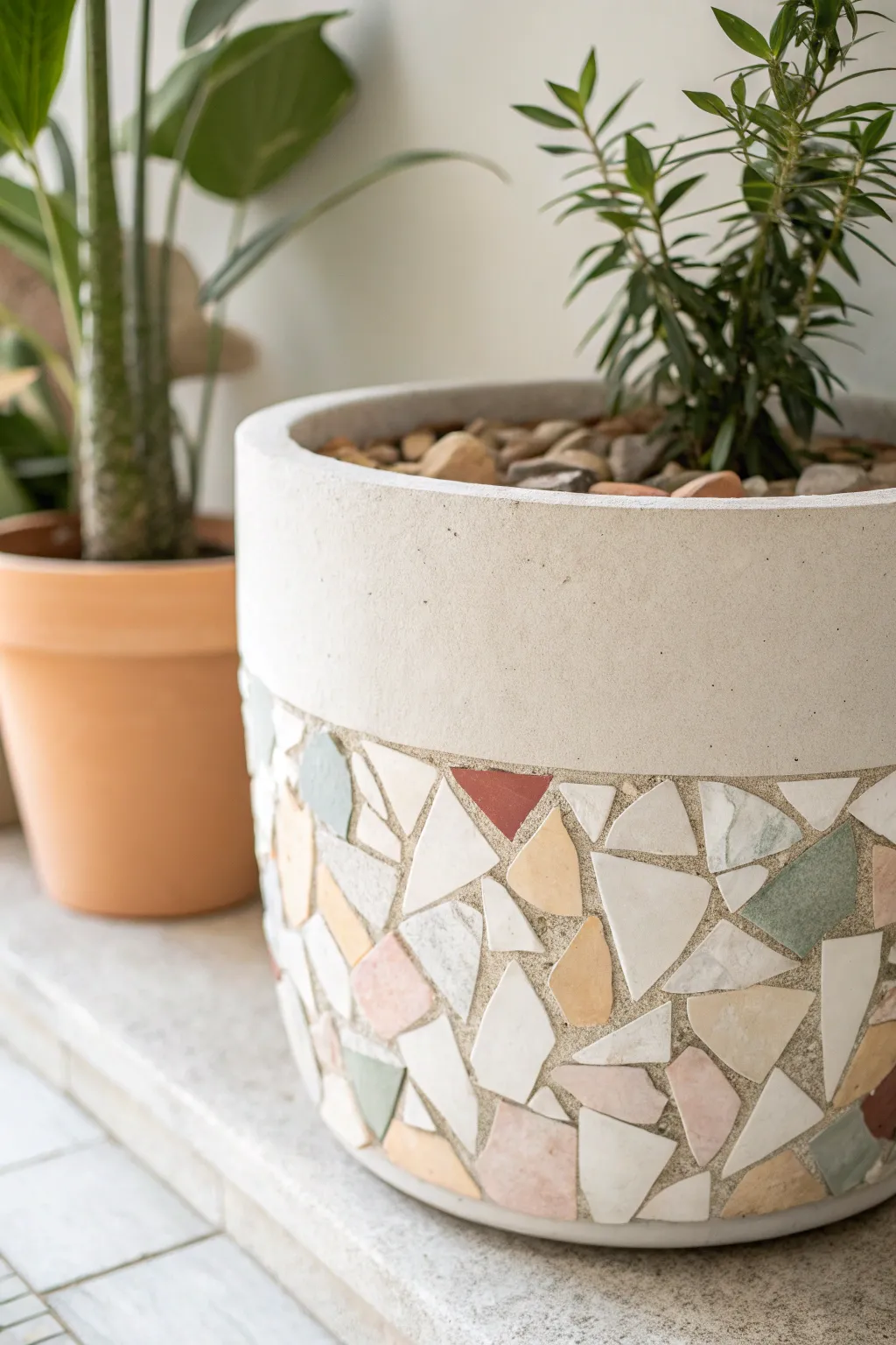 Transform broken ceramics into a beautiful mosaic base for your planters, blending functionality with artistry.