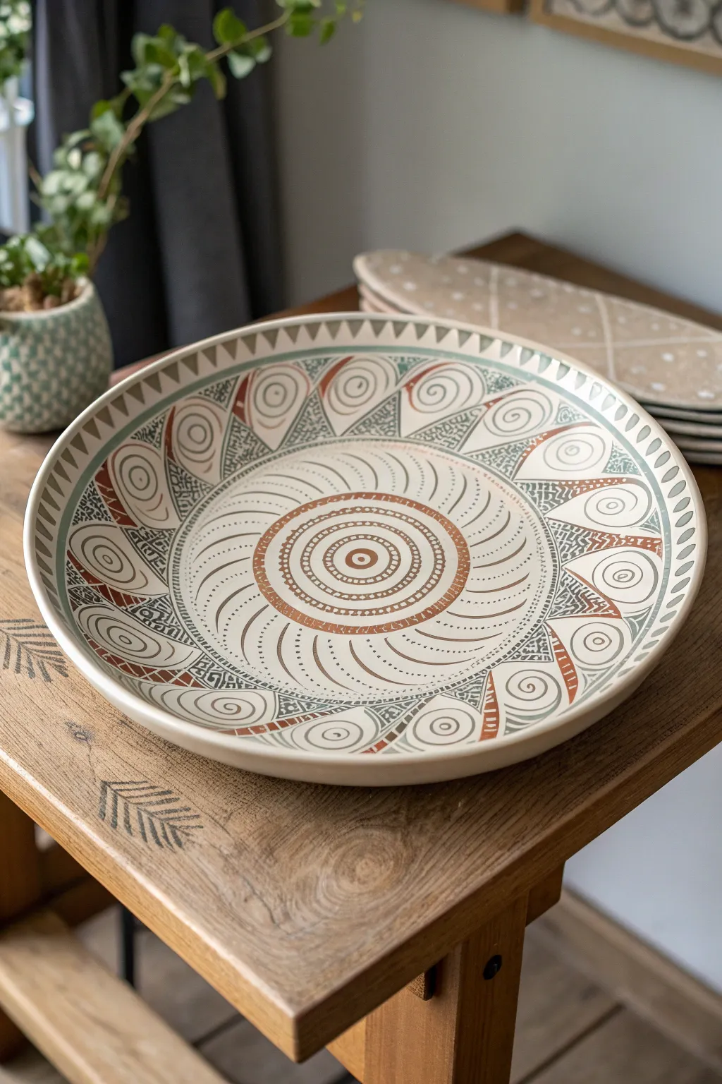 Explore a world of artistry with this Wheel of Theodorus-inspired plate, where global patterns meet minimalist elegance.