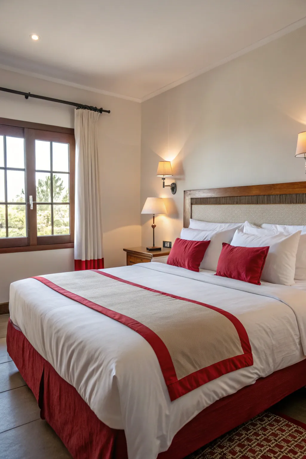 Subtle red borders on white bedding add a touch of elegance and unity.