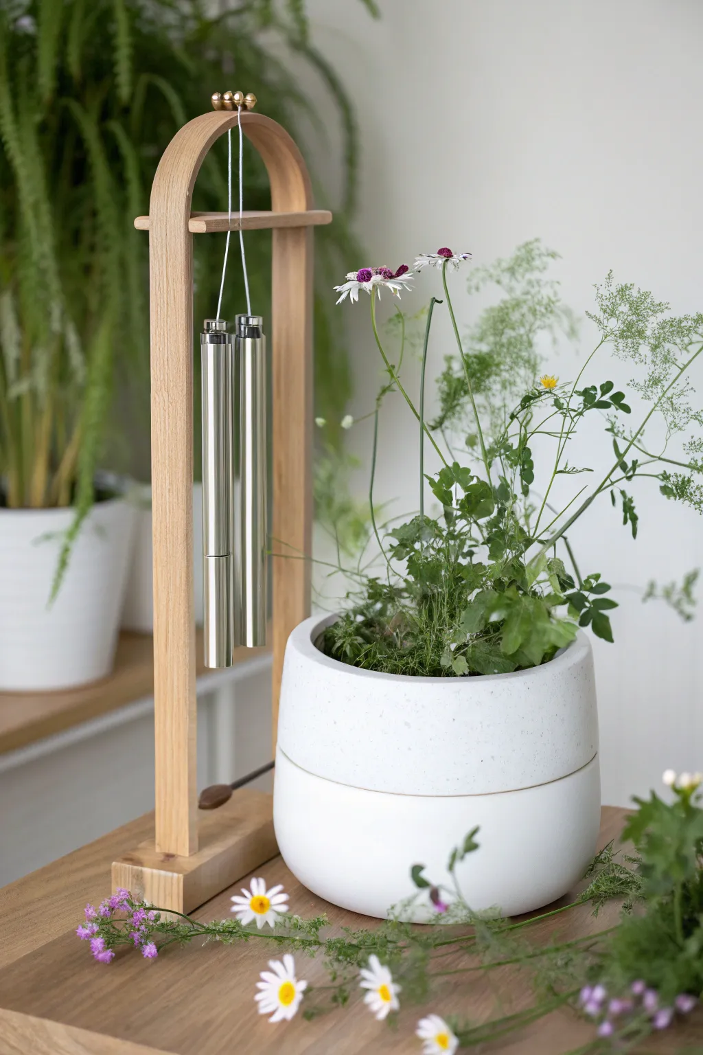 Experience the serene dance of nature with this elegant wind chime planter, where blossoms and chimes sway in harmony.
