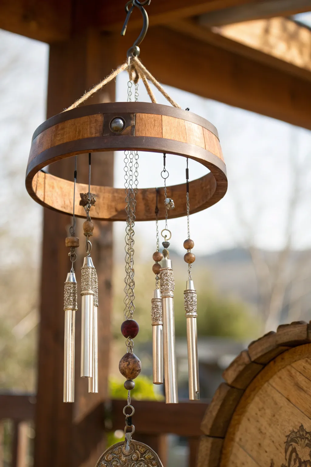 Harmony in Craft: Transform your space with the gentle melodies of a handcrafted wine barrel ring wind chime.
