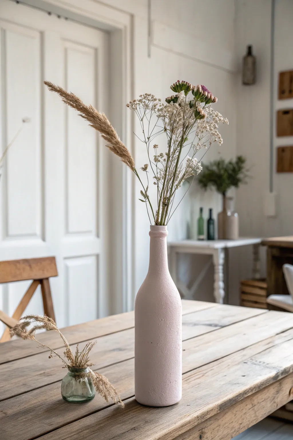 Transform wine bottles into stunning vases for a minimalist boho touch.