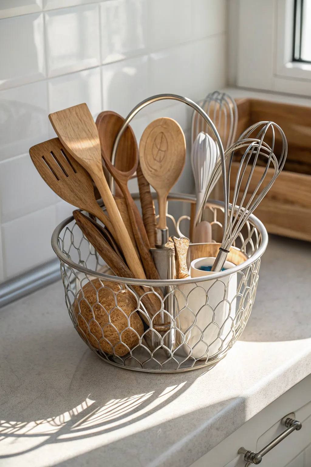 Elevate your kitchen's charm with a chic wire basket utensil holder, blending minimalist design with natural elegance.