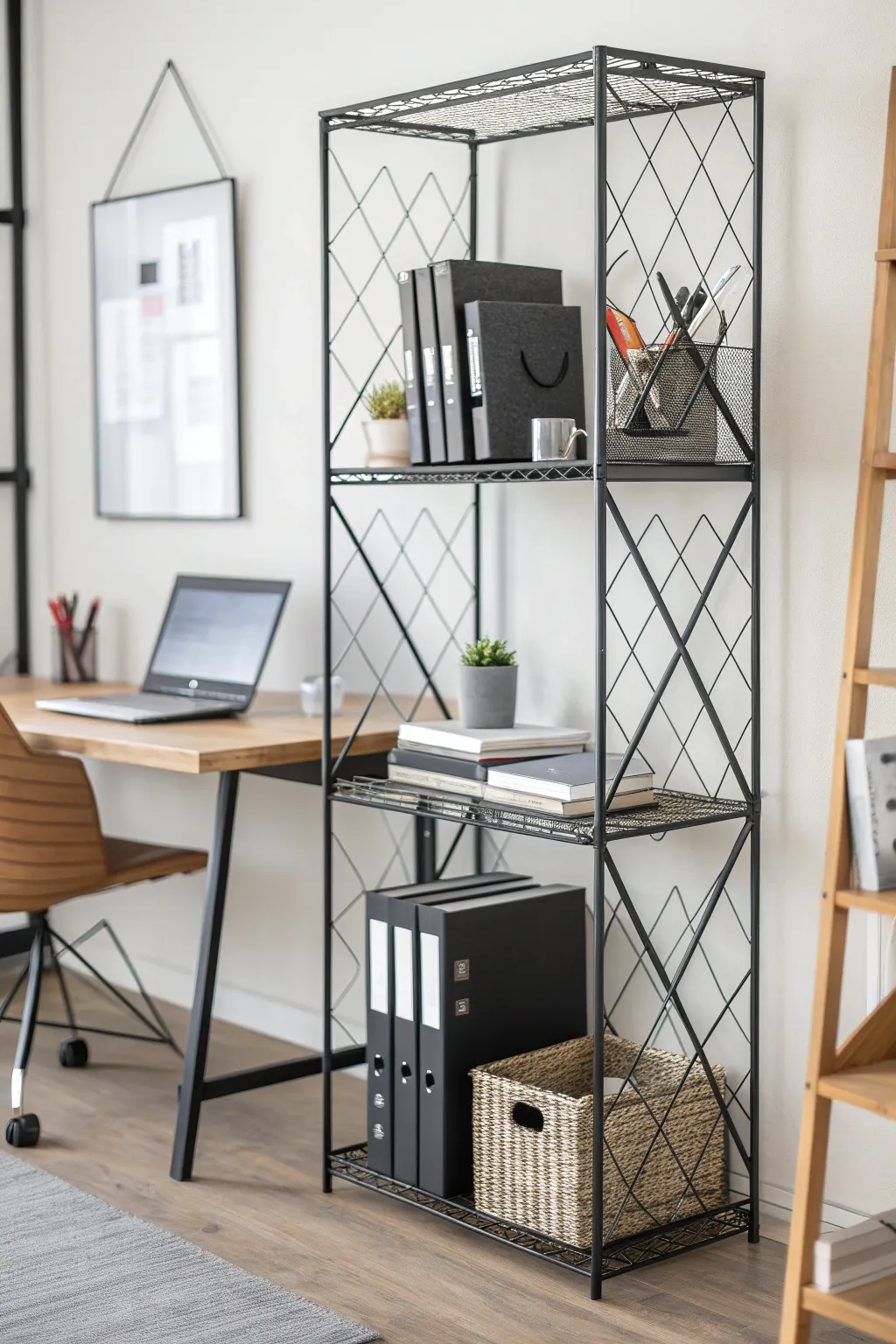 Elevate your workspace with a stylish wire bookshelf that marries form and function.
