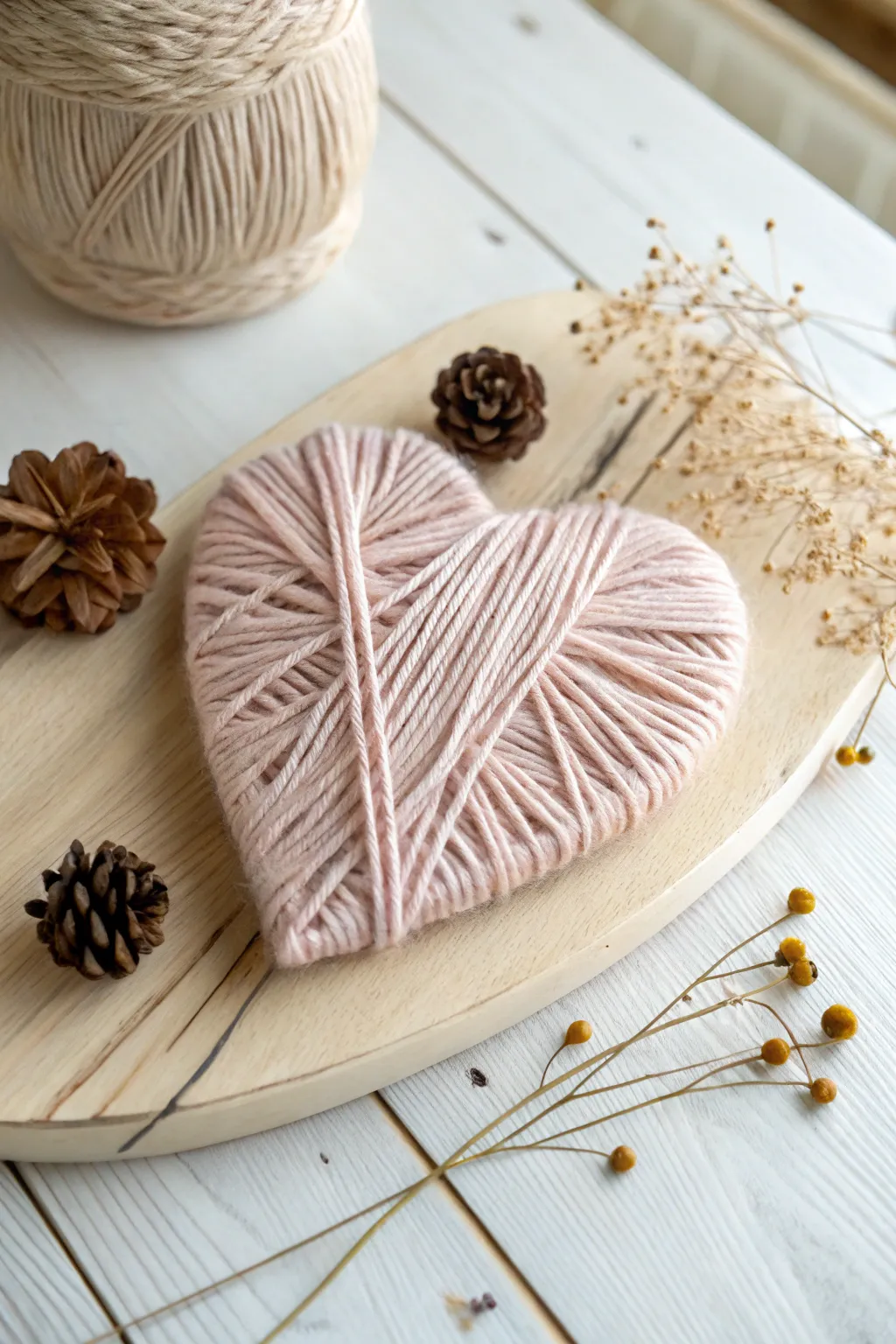 Crafting love: Embrace the soothing art of yarn-wrapped hearts for a touch of minimalist beauty.
