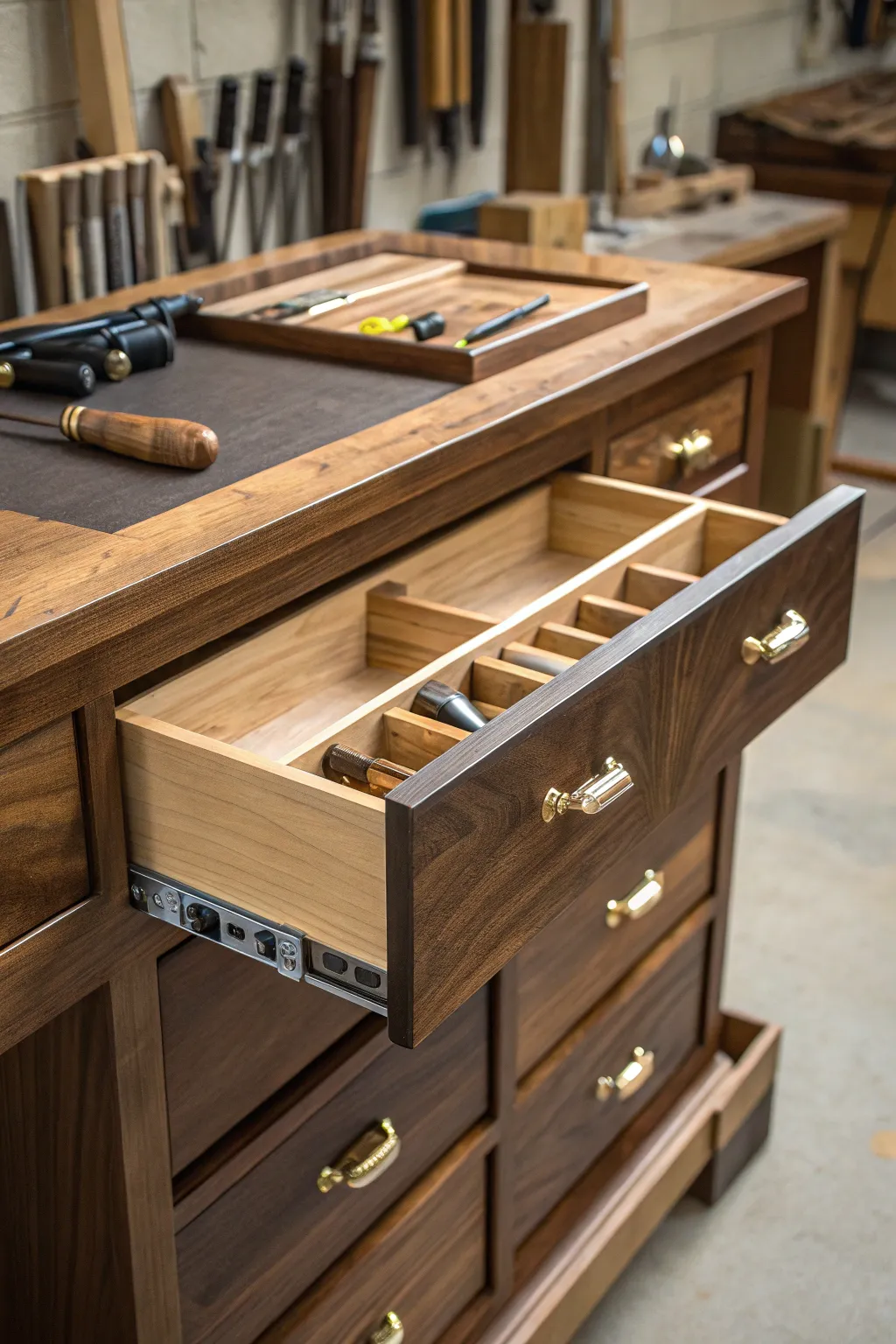 Discover the elegance of hidden storage in your woodworking space.