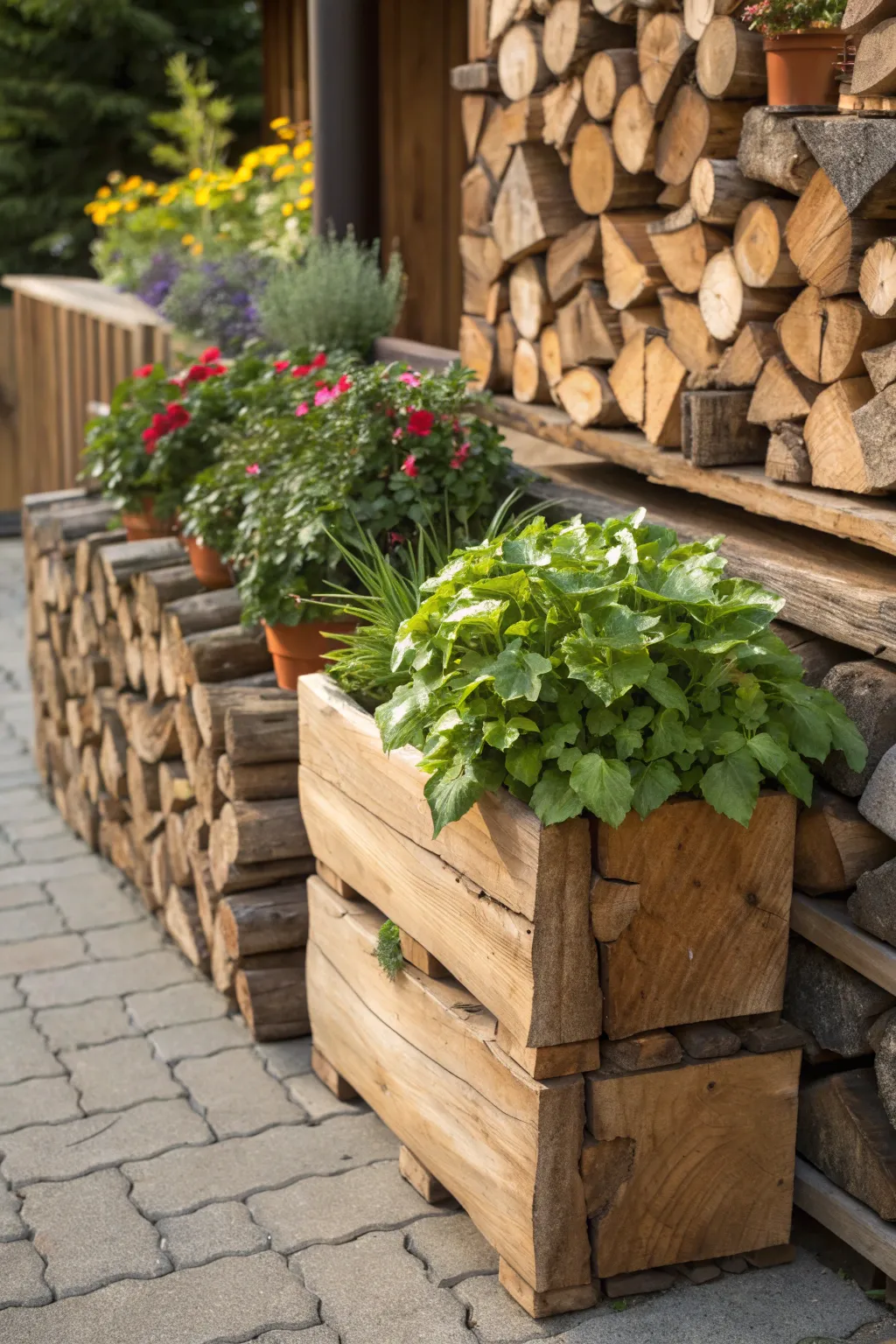 Transform your woodpile into a living masterpiece with handcrafted planters for a touch of vibrant elegance.