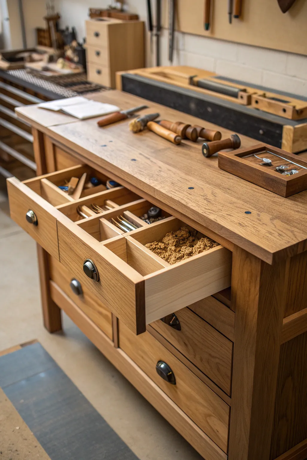 Master the art of organization with these elegant under-bench drawers, perfect for your woodworking sanctuary.