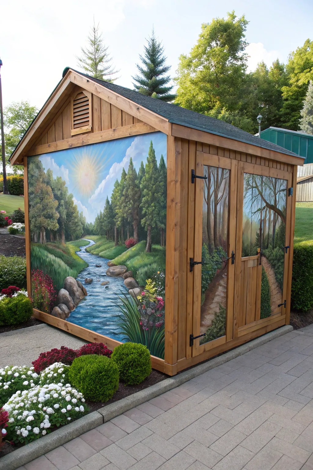 Transform your shed into a masterpiece with a nature-inspired mural, adding a touch of artistry to your garden oasis.