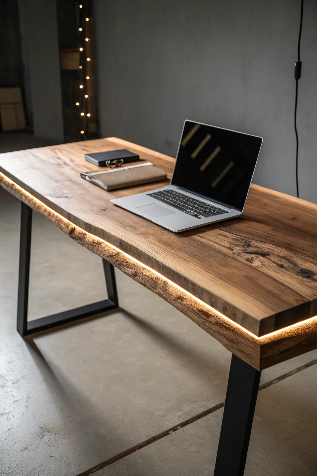 Illuminate your workspace with a touch of modern elegance: a wood slab desk featuring embedded LED lighting for the ultimate crafting experience.