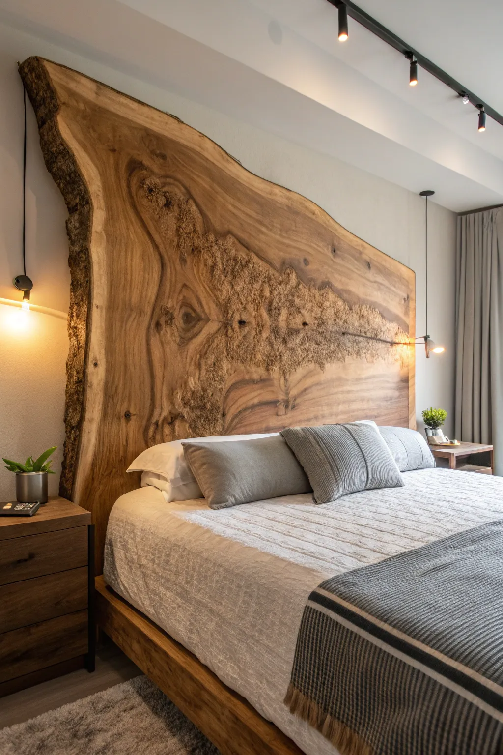 Elevate your bedroom with the timeless charm of a handcrafted wood slab headboard.