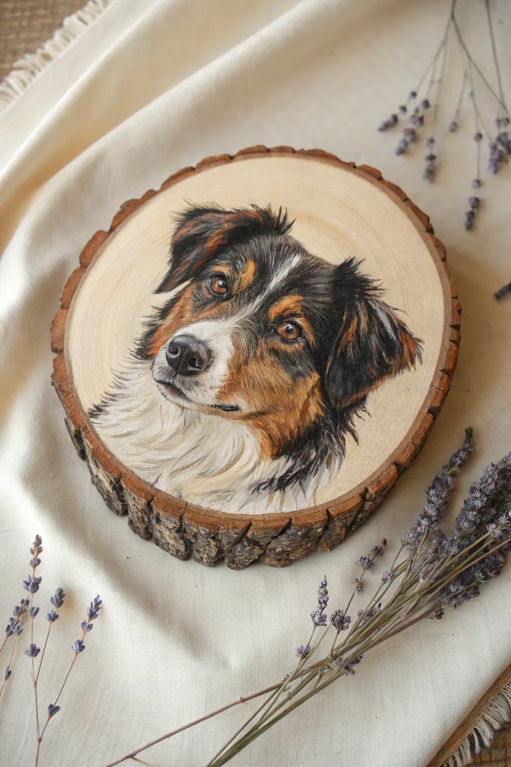 Capture your pet's spirit with a handcrafted wood slice portrait—where art meets heart.