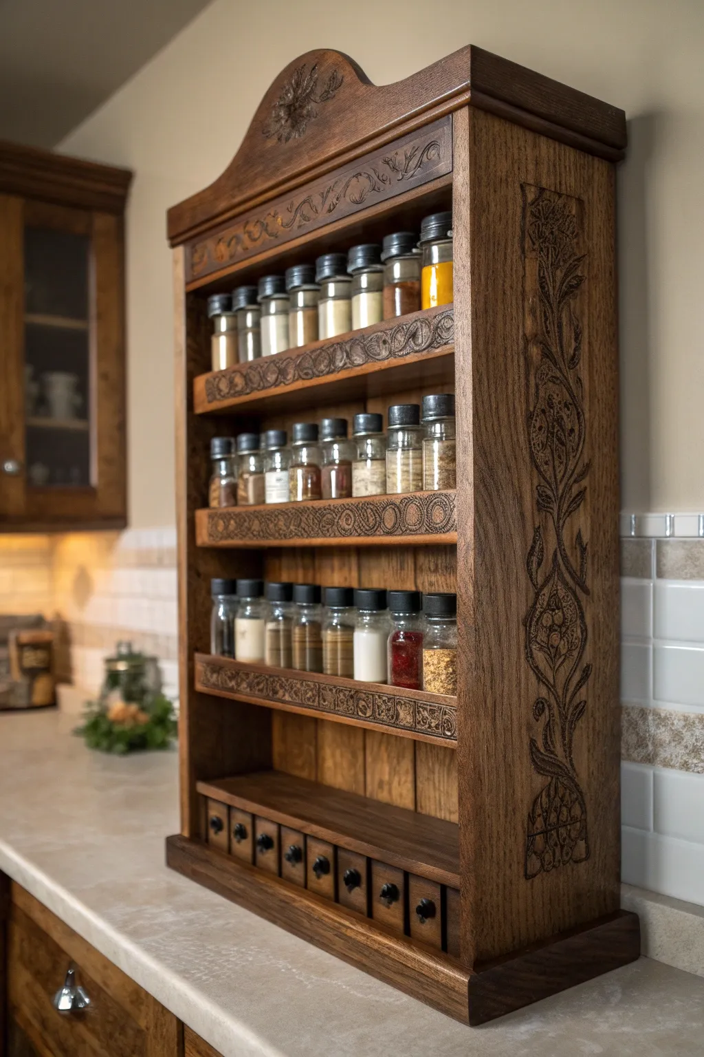Elevate your kitchen's style with this exquisite handcrafted wooden spice rack.