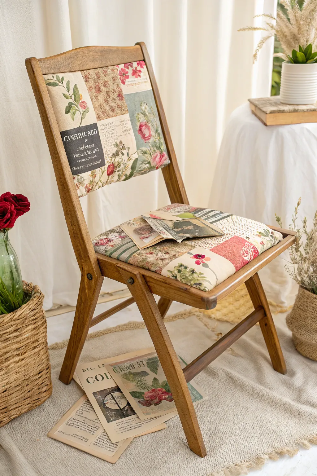 Transform your chair into a whimsical masterpiece with vintage decoupage magic!