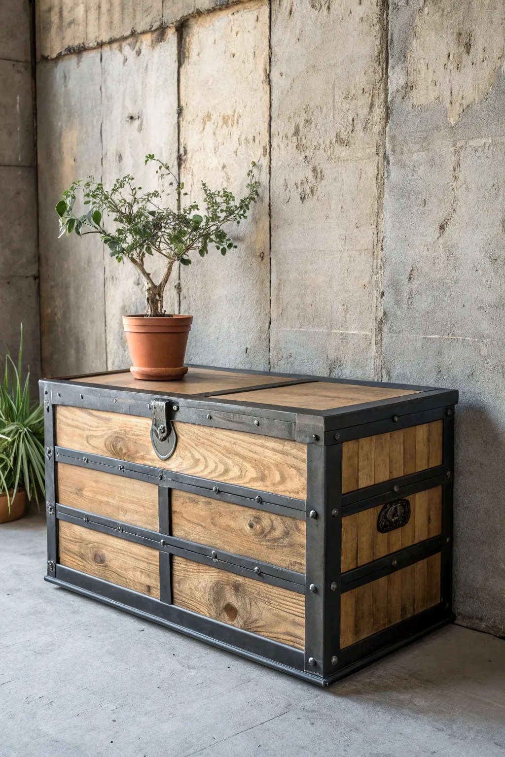 Elevate your space with industrial chic charm: a metallic-painted wooden chest that captures urban elegance.