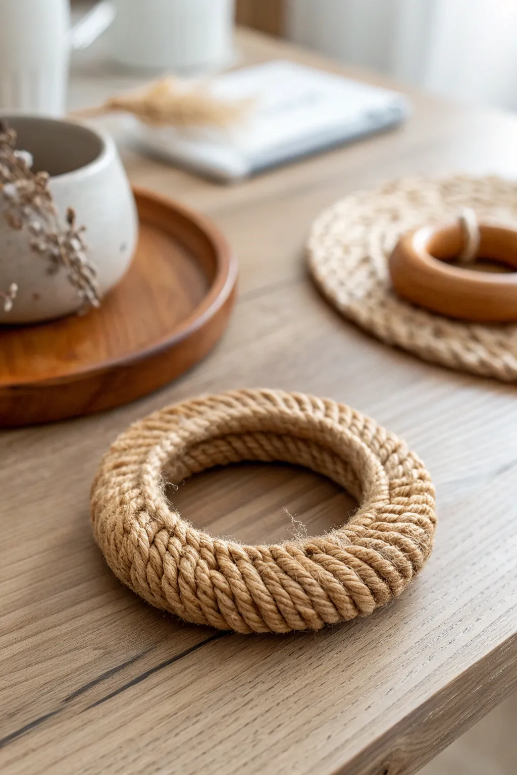 Elevate your table with handcrafted charm: a textured wooden ring coaster that blends simplicity with natural elegance.