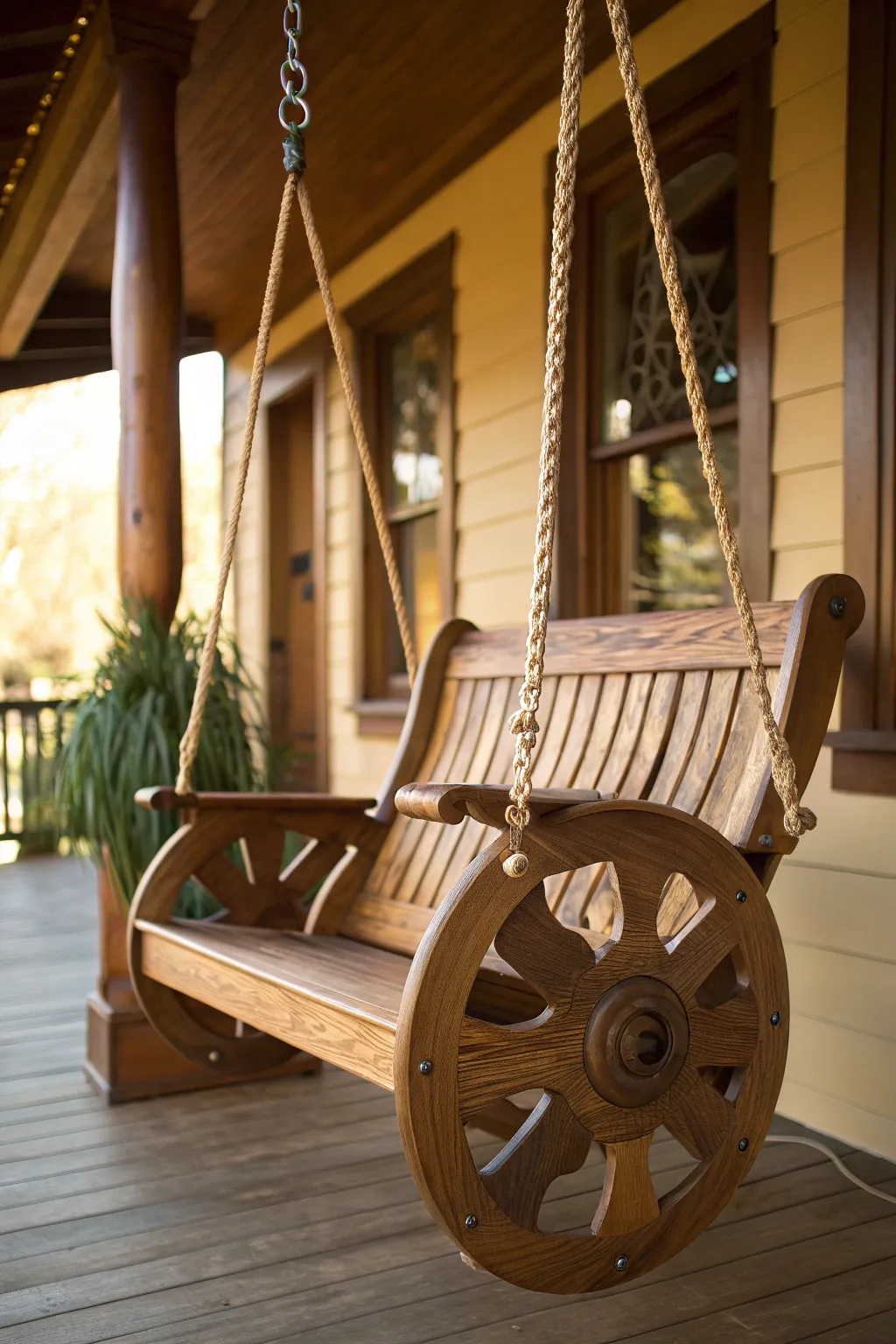 Experience the charm of craftsmanship with this unique wooden reel swinging chair—where creativity meets comfort.