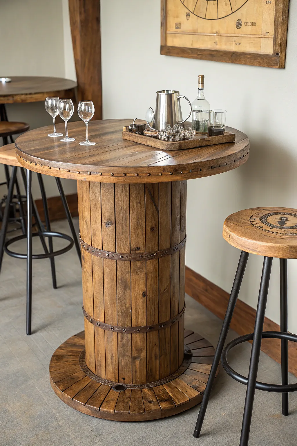 Elevate your gatherings with a handcrafted wooden spool bar table, where craftsmanship meets conviviality.