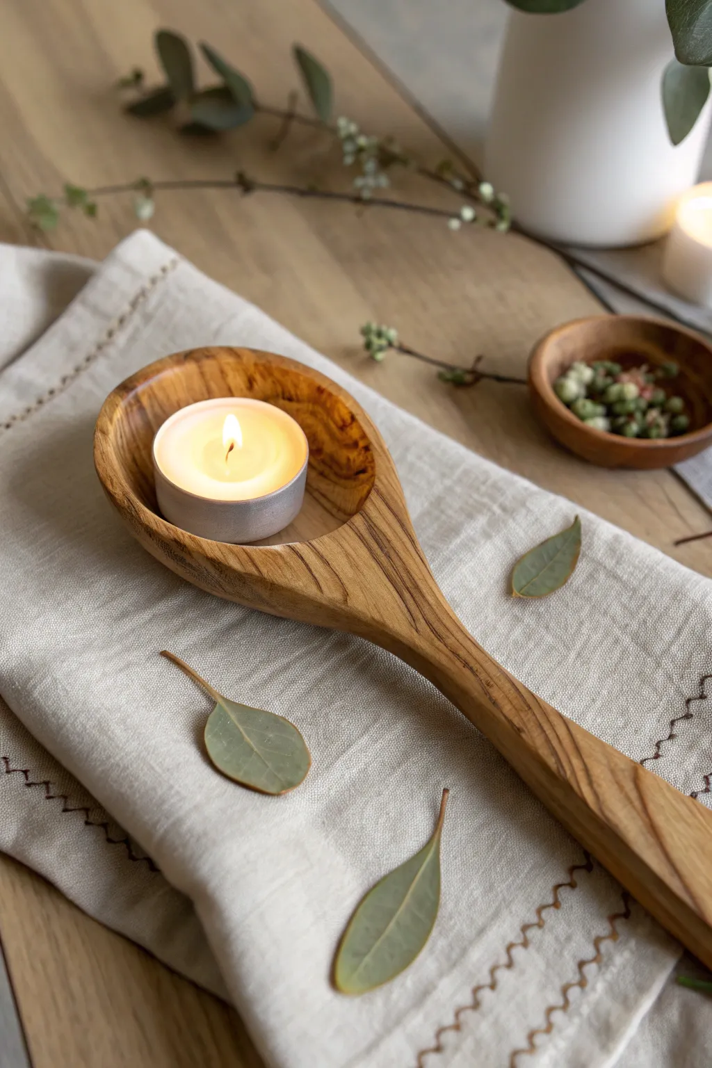 Illuminate your dining space with these chic wooden spoon candle holders, where simplicity meets natural elegance.