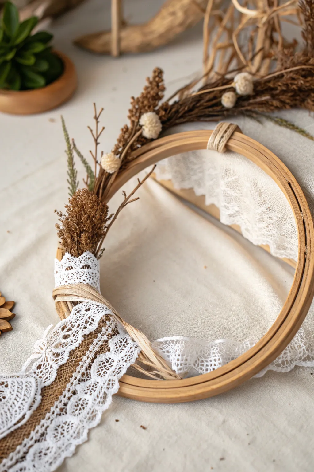 Embrace the beauty of layered textures with this boho-inspired wooden wreath.