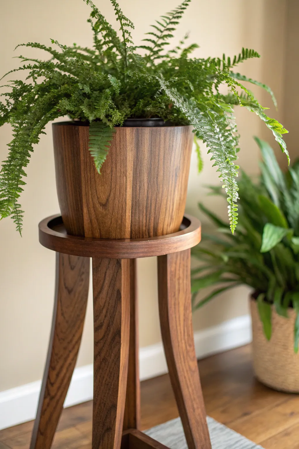 Elevate your greenery with this exquisite adjustable plant stand, a masterpiece of woodworking craftsmanship.