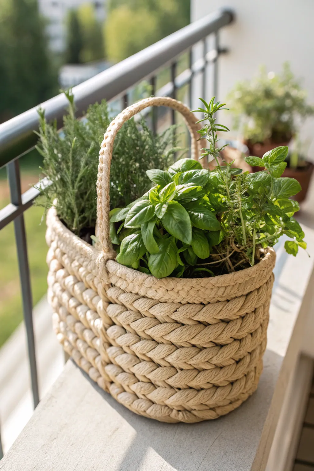 Transform your space with an eco-friendly herb garden in a repurposed woven basket. Embrace the beauty of simplicity and sustainability.