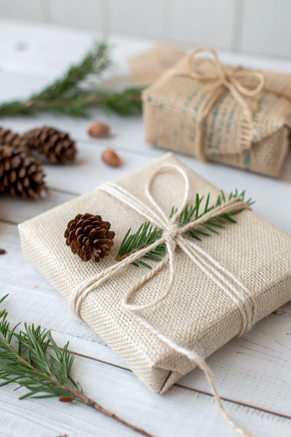 Embrace rustic elegance with burlap-wrapped gifts, perfect for adding a touch of nature to your presents.