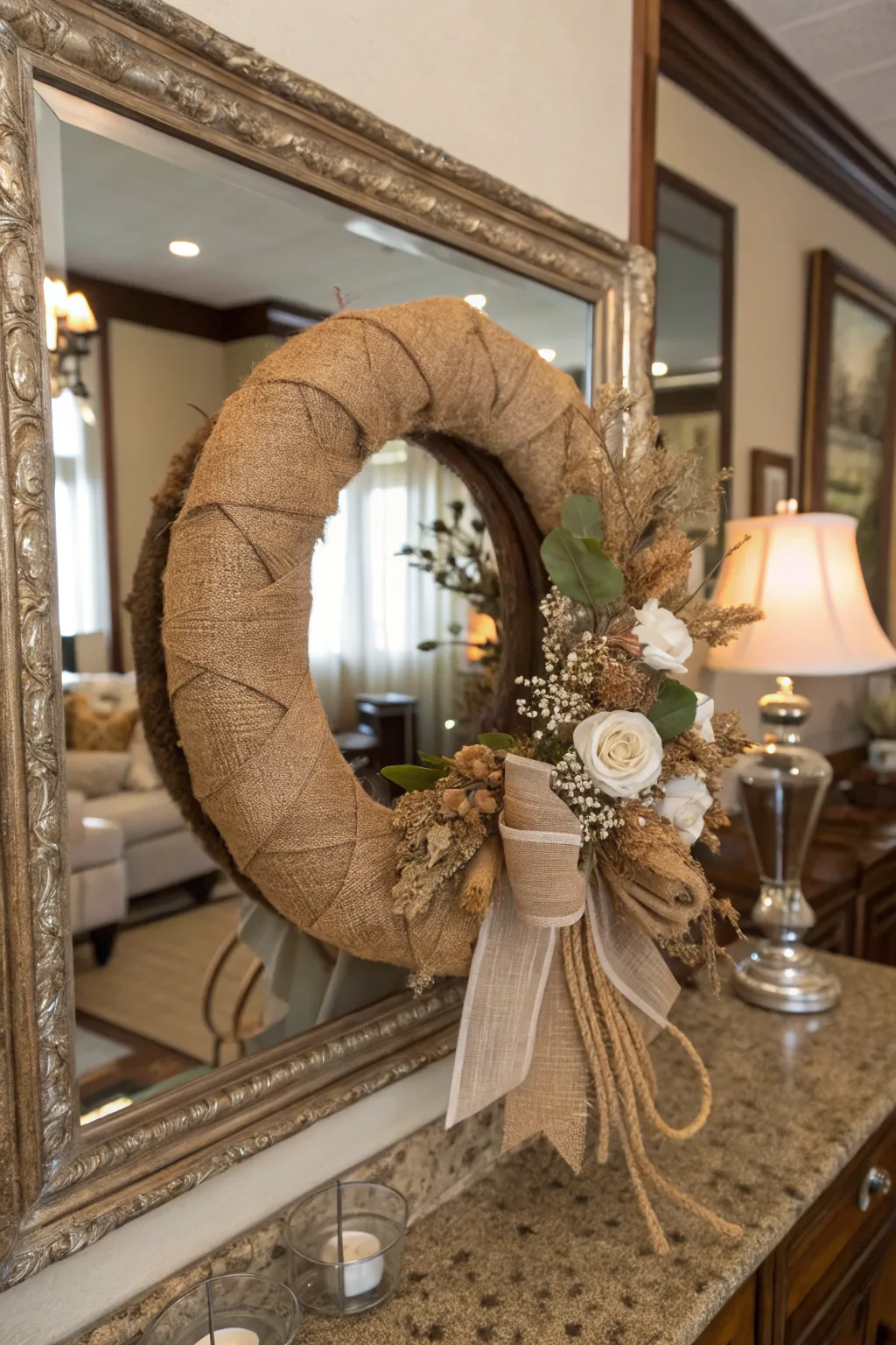 Burlap adds rustic glam to a mirror wreath.
