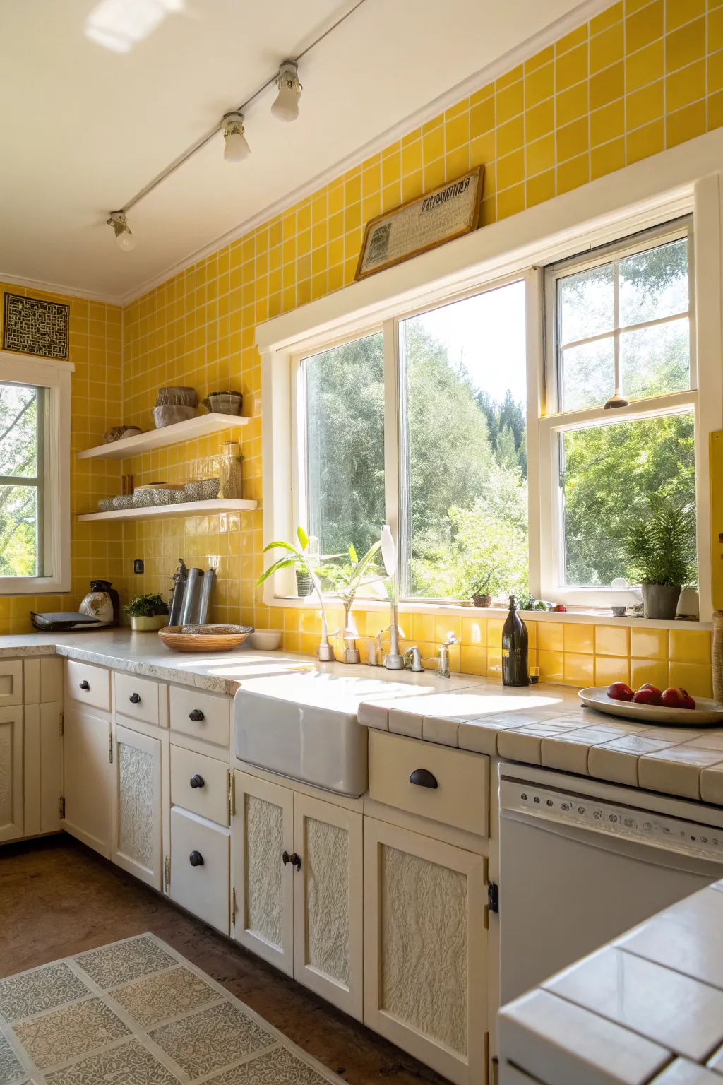 Natural light accentuates the bright and cheerful yellow backsplash.
